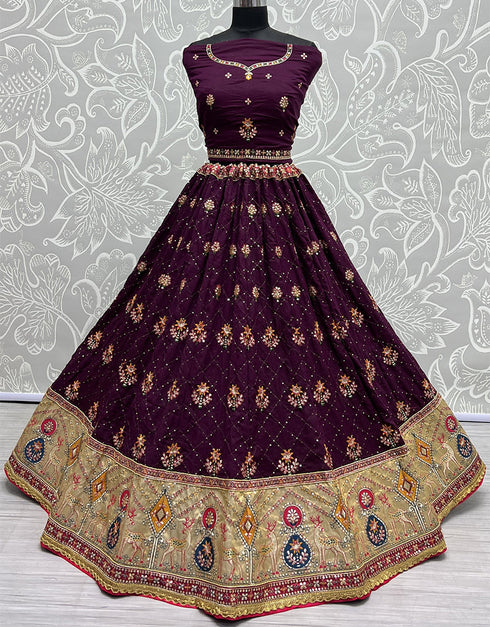 Designer Wedding Wear Heavy Net Lehenga Choli Collection Purple Gadhawal Silk Lehenga Choli Close-up View